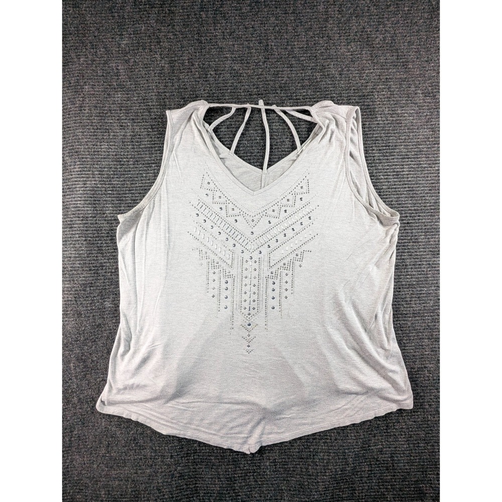 CJ Banks Tank Top Womens 1X Gray Beaded Rhinestone Sleeveless Strappy Back